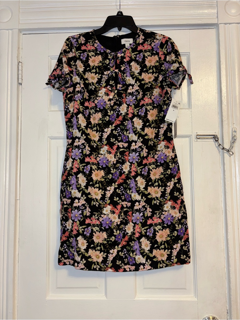 CeCe Black Floral Tie-Sleeve Mini Dress with Purple & Peach Flowers